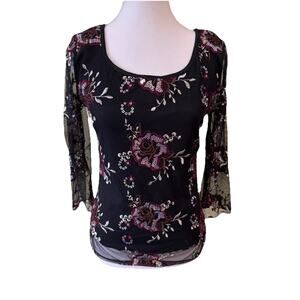 Wrapper Black Mesh Sequin Embroidered Rose Top | Romantic Gothic Floral Size L